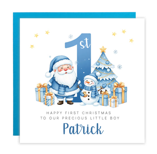Personalised 1st Christmas Card for Boys - Blue Santa, Snowman & Xmas Tree Design with Customised Name & Message,First Xmas Card for Baby Boy, Son, Grandson, Nephew Little One - Blue Envelope Included