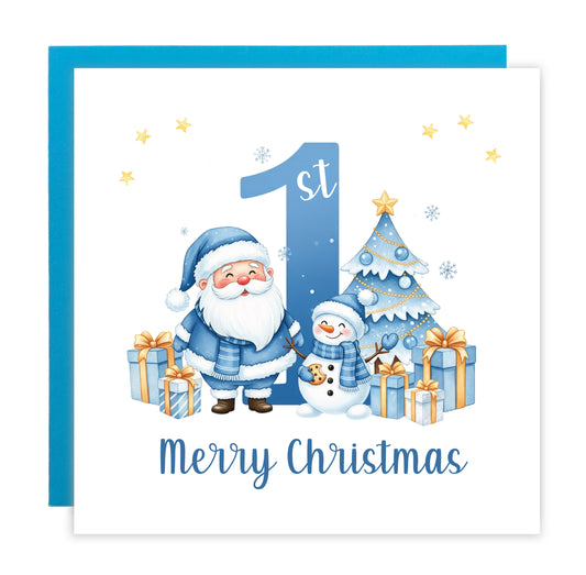 1st Christmas Card for Boys - Blue Santa, Snowman & Xmas Tree Design with Customised Name & Message,First Xmas Card for Baby Boy, Son, Grandson, Nephew Little One - Blue Envelope Included