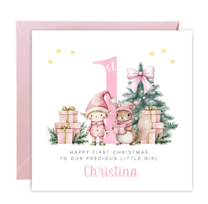 Personalised 1st Christmas Card for Girls – Pink Elf & Squirrel Design with Customised Name & Message,First Xmas Card for Baby Girl, Daughter, GrandDaughter, Niece, Little One - Pink Envelope Included
