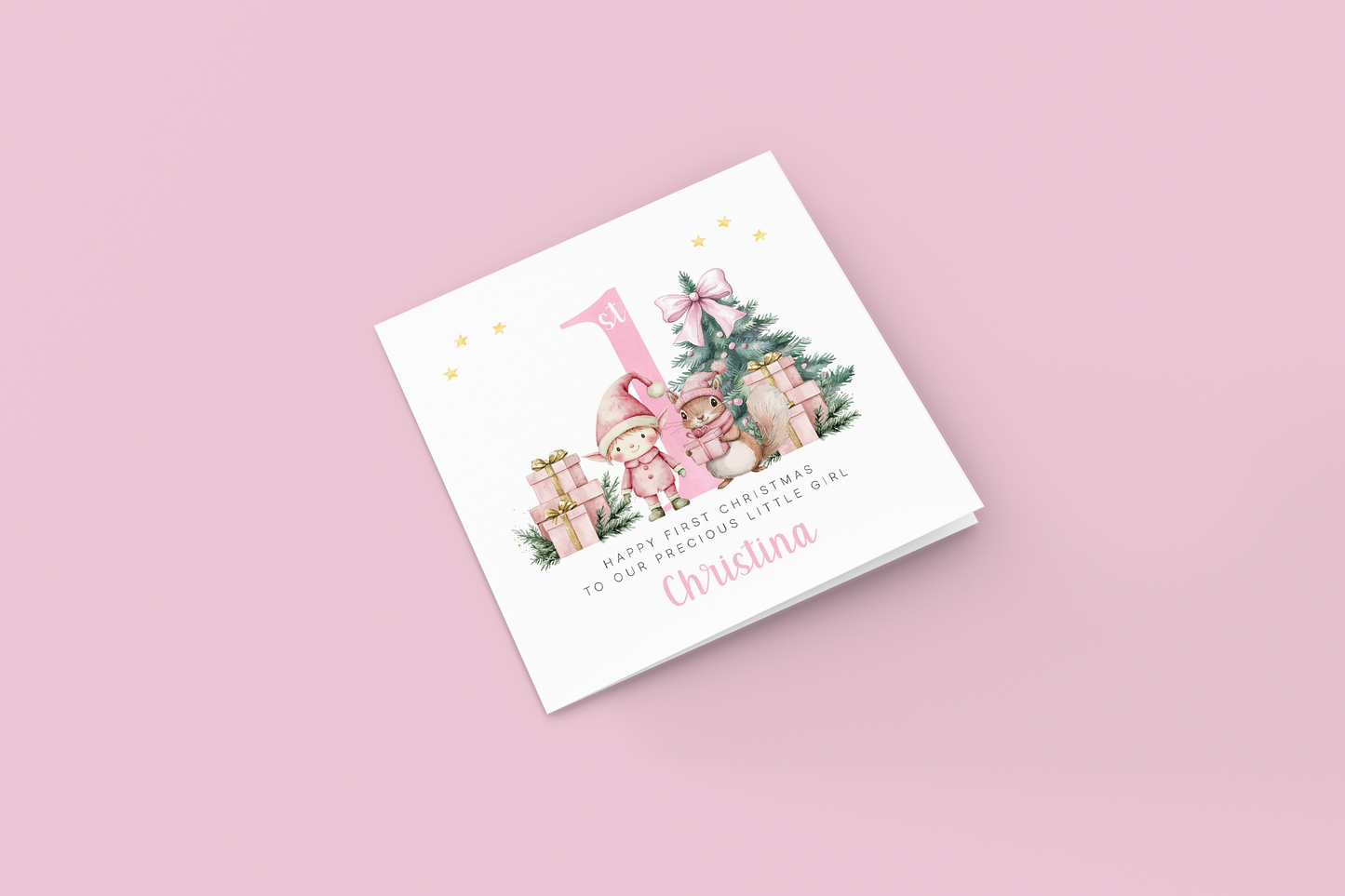 Personalised 1st Christmas Card for Girls – Pink Elf & Squirrel Design with Customised Name & Message,First Xmas Card for Baby Girl, Daughter, GrandDaughter, Niece, Little One - Pink Envelope Included