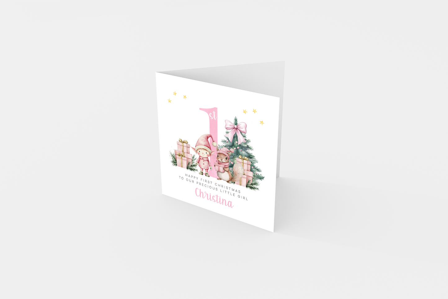 Personalised 1st Christmas Card for Girls – Pink Elf & Squirrel Design with Customised Name & Message,First Xmas Card for Baby Girl, Daughter, GrandDaughter, Niece, Little One - Pink Envelope Included