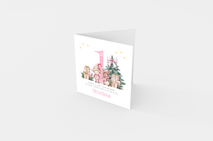 Personalised 1st Christmas Card for Girls – Pink Elf & Squirrel Design with Customised Name & Message,First Xmas Card for Baby Girl, Daughter, GrandDaughter, Niece, Little One - Pink Envelope Included