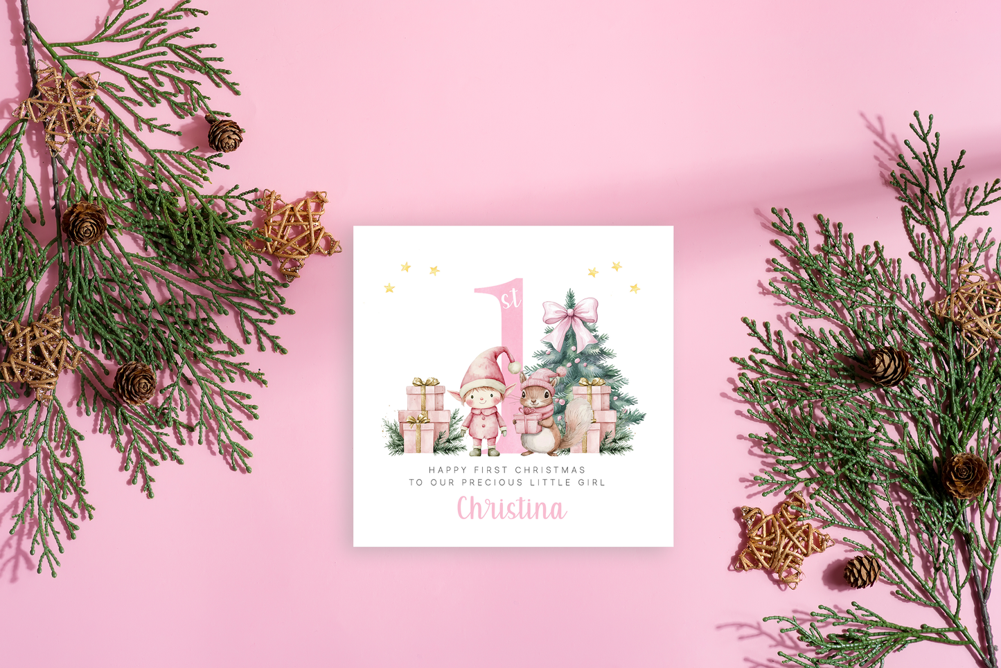 Personalised 1st Christmas Card for Girls – Pink Elf & Squirrel Design with Customised Name & Message,First Xmas Card for Baby Girl, Daughter, GrandDaughter, Niece, Little One - Pink Envelope Included