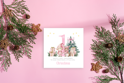Personalised 1st Christmas Card for Girls – Pink Elf & Squirrel Design with Customised Name & Message,First Xmas Card for Baby Girl, Daughter, GrandDaughter, Niece, Little One - Pink Envelope Included