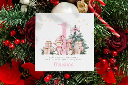 Personalised 1st Christmas Card for Girls – Pink Elf & Squirrel Design with Customised Name & Message,First Xmas Card for Baby Girl, Daughter, GrandDaughter, Niece, Little One - Pink Envelope Included