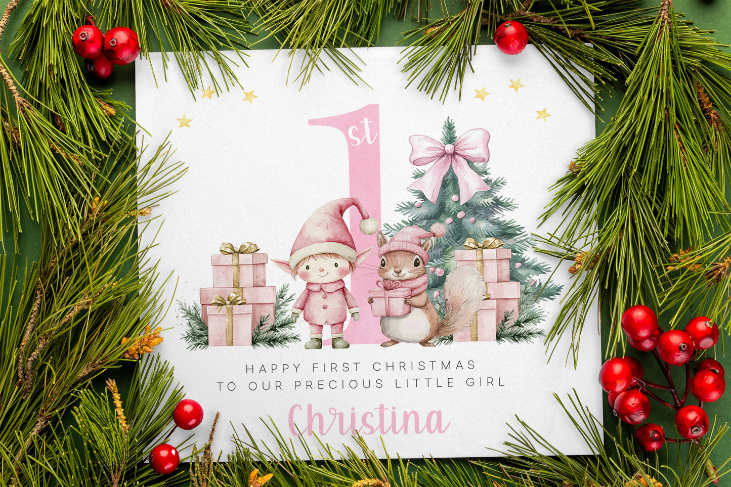 Personalised 1st Christmas Card for Girls – Pink Elf & Squirrel Design with Customised Name & Message,First Xmas Card for Baby Girl, Daughter, GrandDaughter, Niece, Little One - Pink Envelope Included