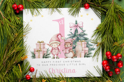 Personalised 1st Christmas Card for Girls – Pink Elf & Squirrel Design with Customised Name & Message,First Xmas Card for Baby Girl, Daughter, GrandDaughter, Niece, Little One - Pink Envelope Included