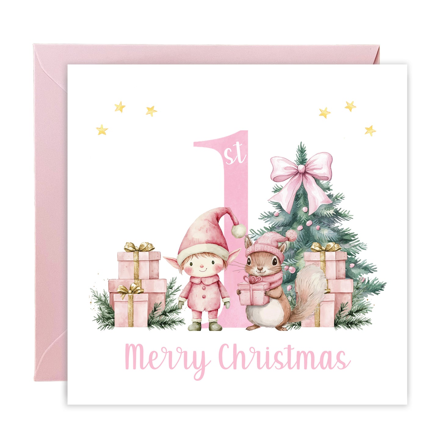 Pink 1st Christmas Card for Girls – Elf, Squirrel & Xams Tree Design, Watercolour First Xmas Card for Baby Girl, Daughter, GrandDaughter, Niece, Little One - Pink Envelope Included