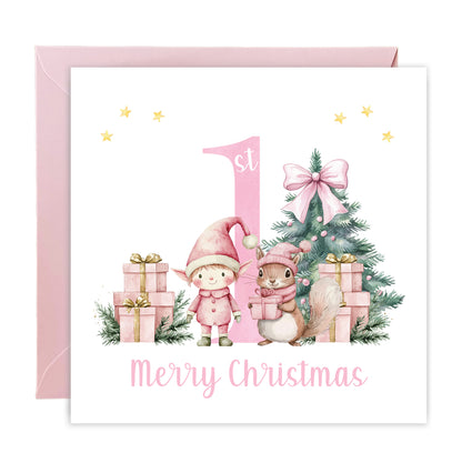 Pink 1st Christmas Card for Girls – Elf, Squirrel & Xams Tree Design, Watercolour First Xmas Card for Baby Girl, Daughter, GrandDaughter, Niece, Little One - Pink Envelope Included