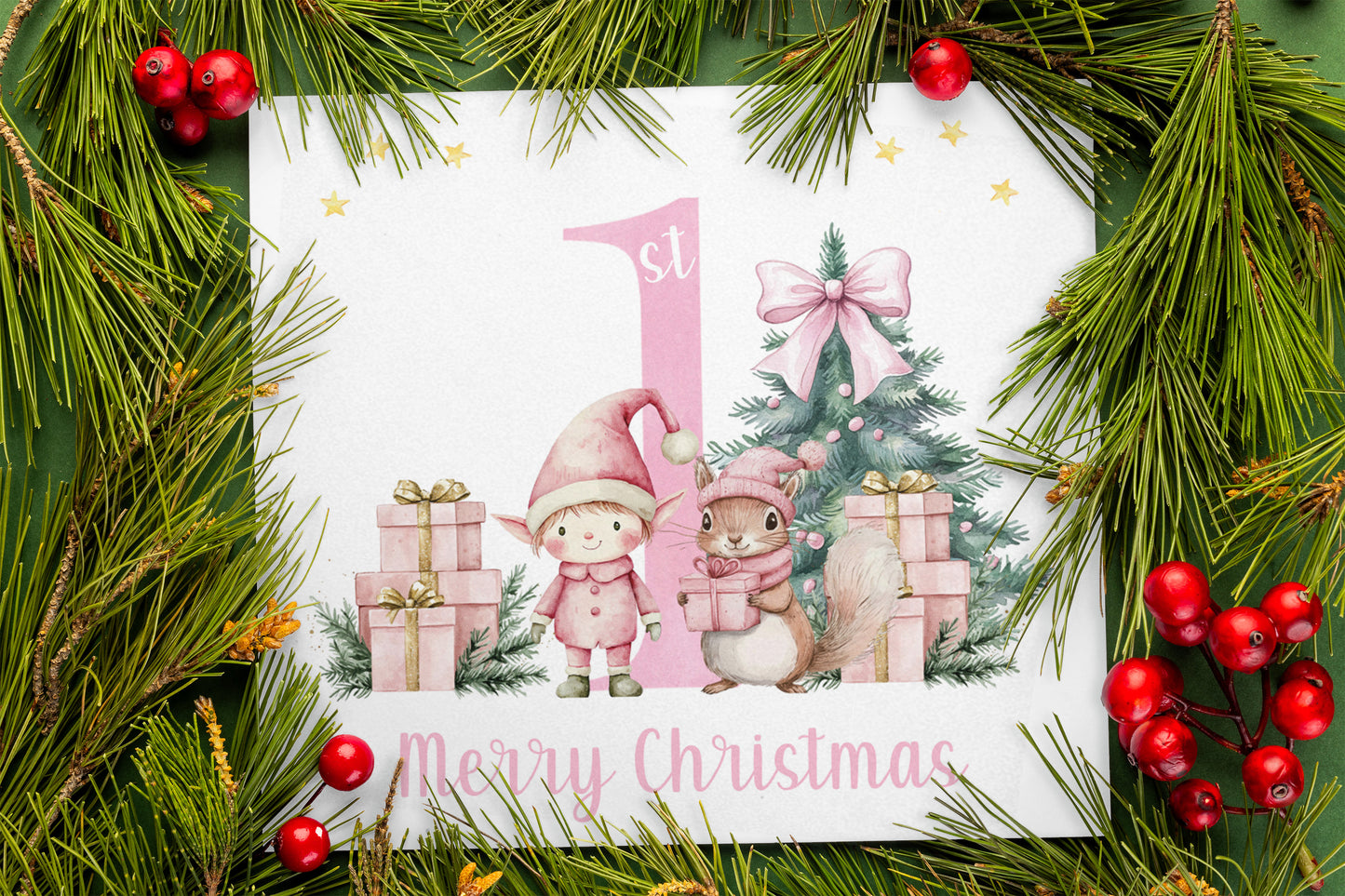 Pink 1st Christmas Card for Girls – Elf, Squirrel & Xams Tree Design, Watercolour First Xmas Card for Baby Girl, Daughter, GrandDaughter, Niece, Little One - Pink Envelope Included