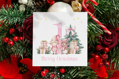 Pink 1st Christmas Card for Girls – Elf, Squirrel & Xams Tree Design, Watercolour First Xmas Card for Baby Girl, Daughter, GrandDaughter, Niece, Little One - Pink Envelope Included