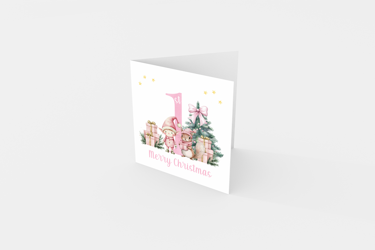 Pink 1st Christmas Card for Girls – Elf, Squirrel & Xams Tree Design, Watercolour First Xmas Card for Baby Girl, Daughter, GrandDaughter, Niece, Little One - Pink Envelope Included