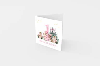 Pink 1st Christmas Card for Girls – Elf, Squirrel & Xams Tree Design, Watercolour First Xmas Card for Baby Girl, Daughter, GrandDaughter, Niece, Little One - Pink Envelope Included