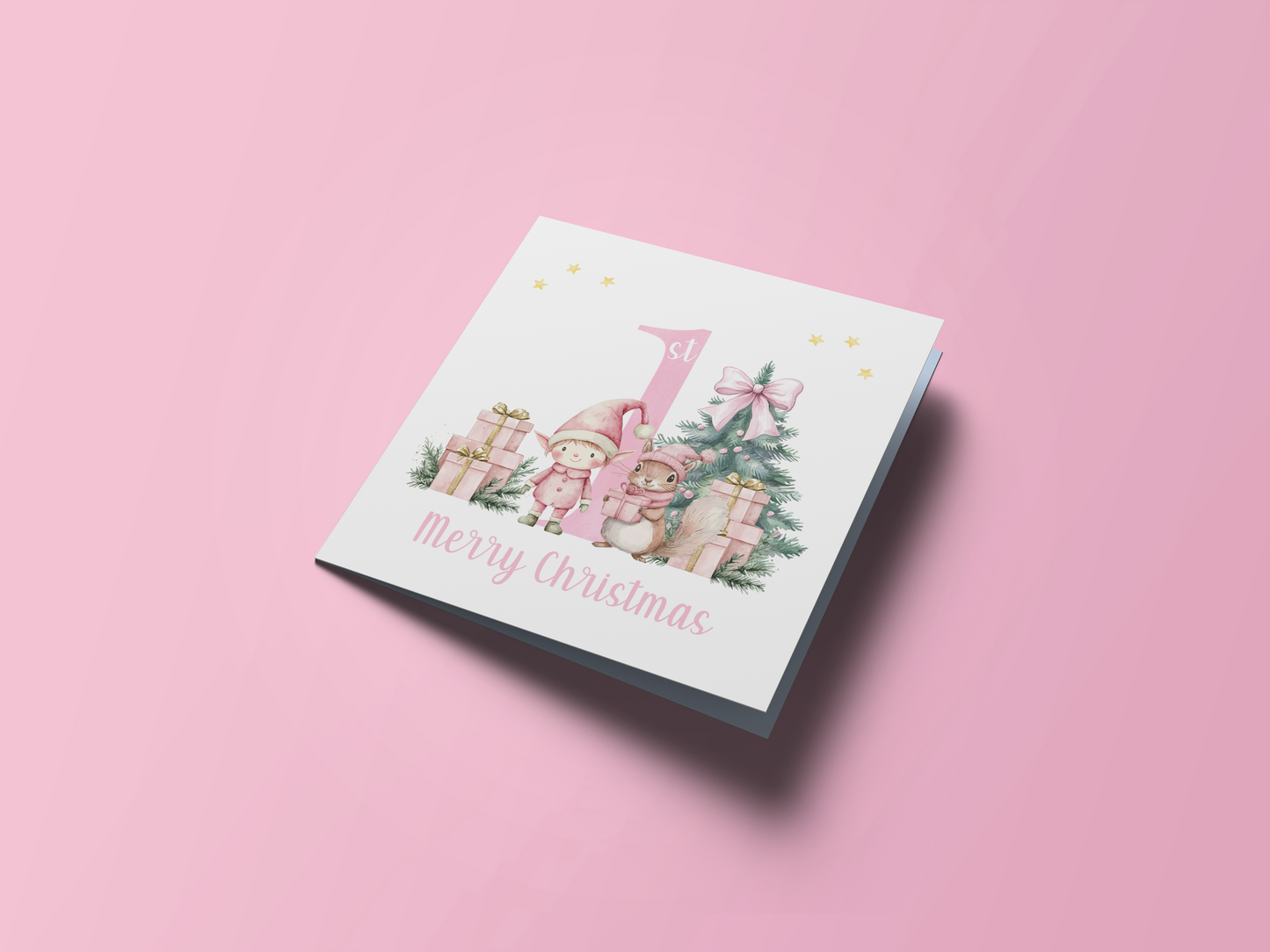 Pink 1st Christmas Card for Girls – Elf, Squirrel & Xams Tree Design, Watercolour First Xmas Card for Baby Girl, Daughter, GrandDaughter, Niece, Little One - Pink Envelope Included