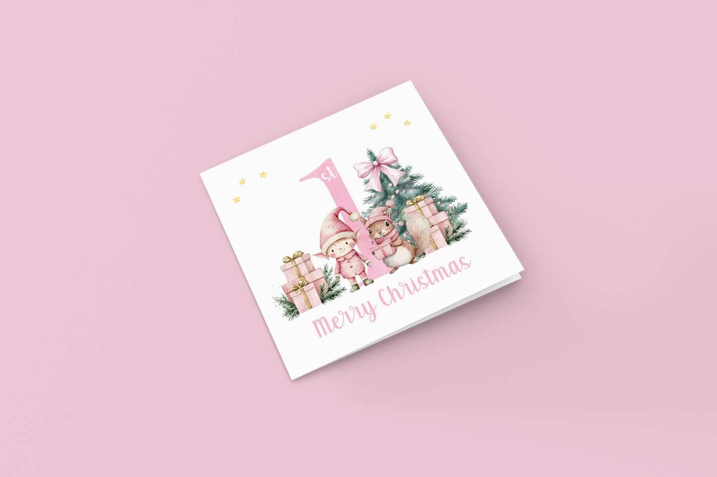 Pink 1st Christmas Card for Girls – Elf, Squirrel & Xams Tree Design, Watercolour First Xmas Card for Baby Girl, Daughter, GrandDaughter, Niece, Little One - Pink Envelope Included