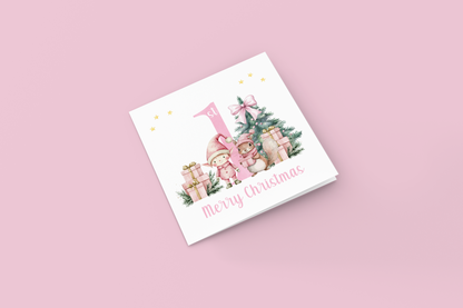 Pink 1st Christmas Card for Girls – Elf, Squirrel & Xams Tree Design, Watercolour First Xmas Card for Baby Girl, Daughter, GrandDaughter, Niece, Little One - Pink Envelope Included