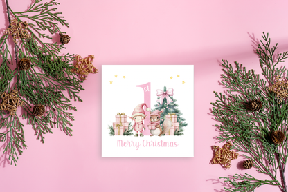 Pink 1st Christmas Card for Girls – Elf, Squirrel & Xams Tree Design, Watercolour First Xmas Card for Baby Girl, Daughter, GrandDaughter, Niece, Little One - Pink Envelope Included