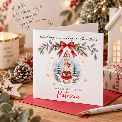 Personalised Christmas card for Girls – Red Bunny in a Christmas Bauble
