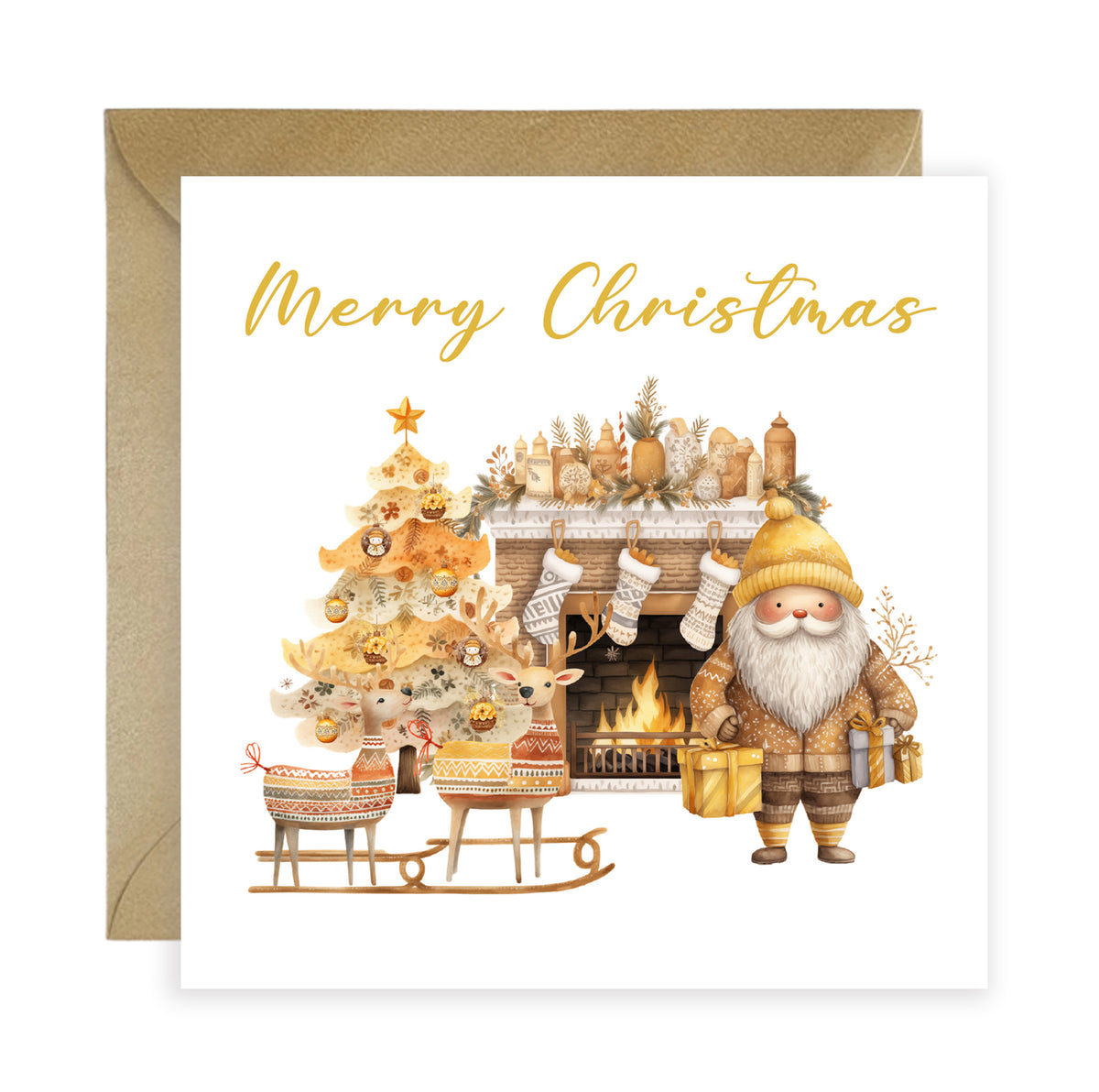 Golden Christmas Card for Kids – Santa & Reindeer