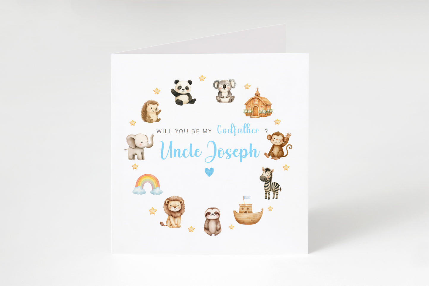 Personalised Godfather Proposal Card -  Will You Be My Godfather Card - Cute Animals Godfather Ask Card - Personalised Baptism Christening Day Proposal Card - Blue Envelope Included