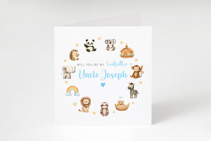 Personalised Godfather Proposal Card -  Will You Be My Godfather Card - Cute Animals Godfather Ask Card - Personalised Baptism Christening Day Proposal Card - Blue Envelope Included