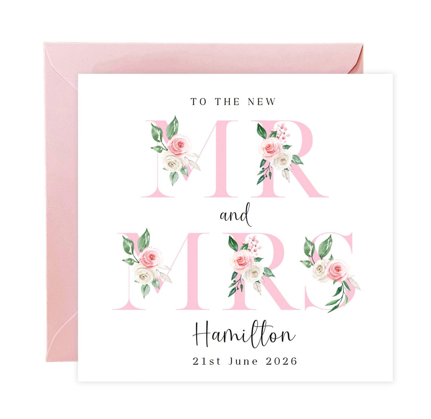 Personalised Mr & Mrs Wedding Card – Custom Surname & Wedding Date – Floral Alphabets/Letters Design - Wedding Congratulations Keepsake Card for Newlywed couples, Him or Her - Pink Envelope Included