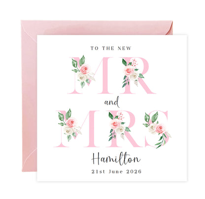 Personalised Mr & Mrs Wedding Card – Custom Surname & Wedding Date – Floral Alphabets/Letters Design - Wedding Congratulations Keepsake Card for Newlywed couples, Him or Her - Pink Envelope Included
