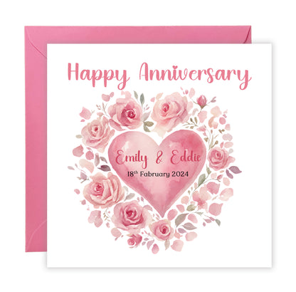 Personalized Anniversary Card – Romantic Floral Heart Design with Customised Names and Date– for Couples, Husband, Wife, Relationship, Engagement, 1st Date – Pink Envelope Included