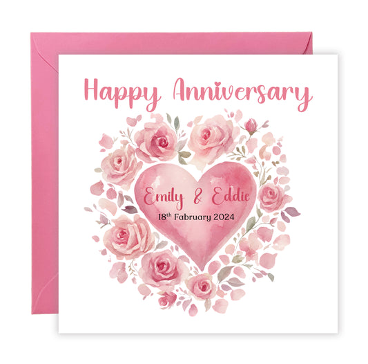 Personalized Anniversary Card – Romantic Floral Heart Design with Customised Names and Date– for Couples, Husband, Wife, Relationship, Engagement, 1st Date – Pink Envelope Included