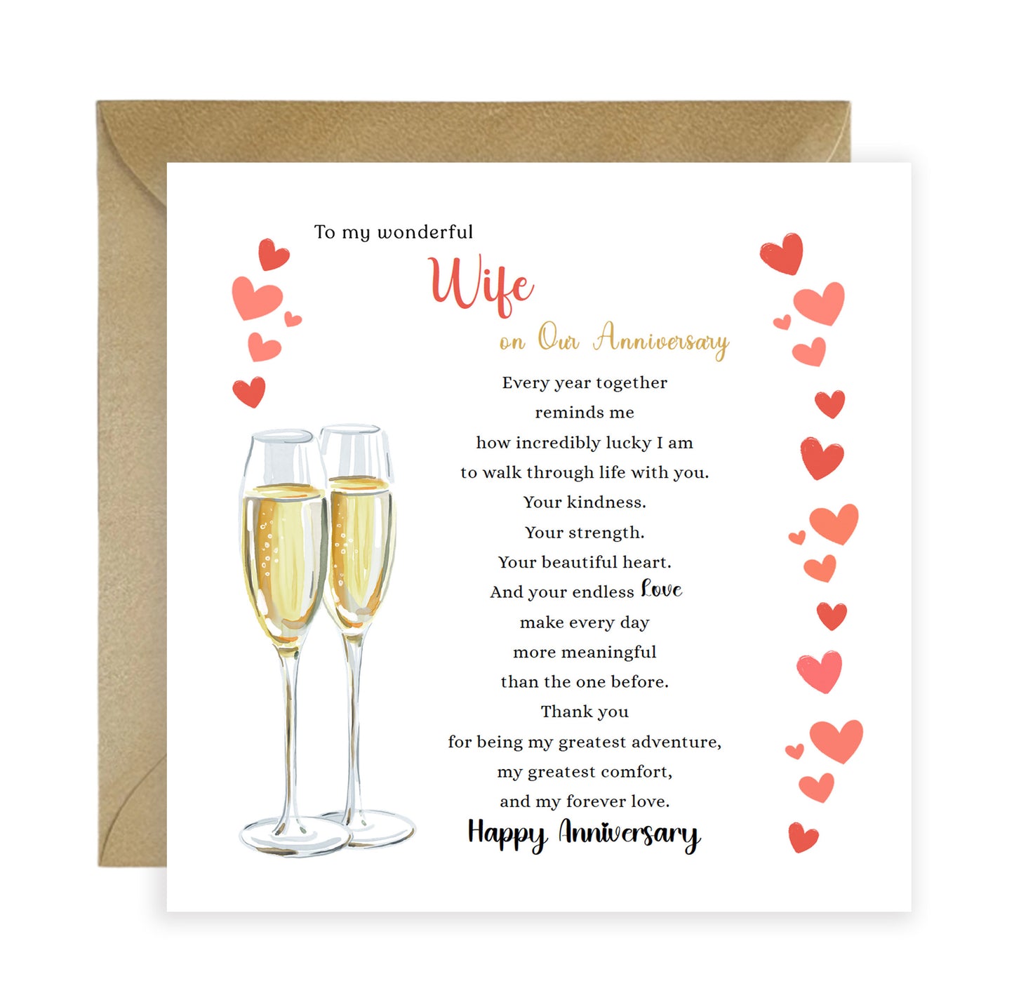 Luxury Champagne Glasses Anniversary Card for Wife - Romantic Anniversary Card for Her, Wedding, Dating, Relationship Milestones 1st, 2nd, 3rd, 5th, 10th, 20th 30th - Gold Envelope Included