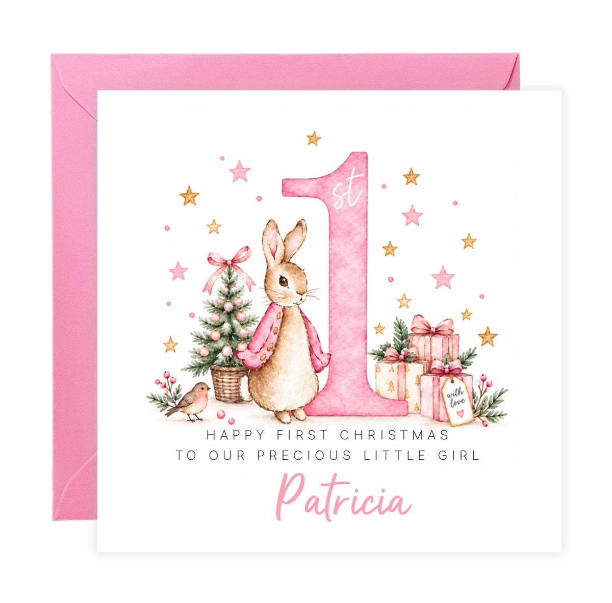 Personalised Christmas Card for Baby Girls – Cute Pink Rabbit and Number 1