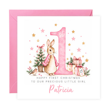 Personalised Christmas Card for Baby Girls – Cute Pink Rabbit and Number 1