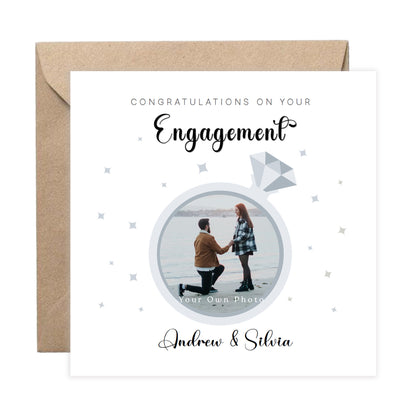 Personalised Photo Engagement Card – Custom Photo & Couple's Names - Diamond Ring Photo Frame Design - Congratulations Engagement Card for Newly Engaged Couples - Kraft Envelope Included
