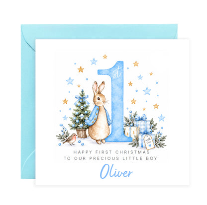 Personalised Christmas Card for Baby Boys – Cute Blue Rabbit and Number 1