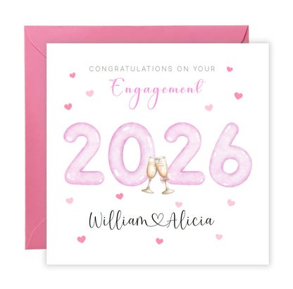 2026 Personalised Engagement Card with Custom Couple's Names – 2026 Champagne Toast Design - Congratulations Engagement Card for Newly Engaged Couples, Him or Her - Pink Envelope Included