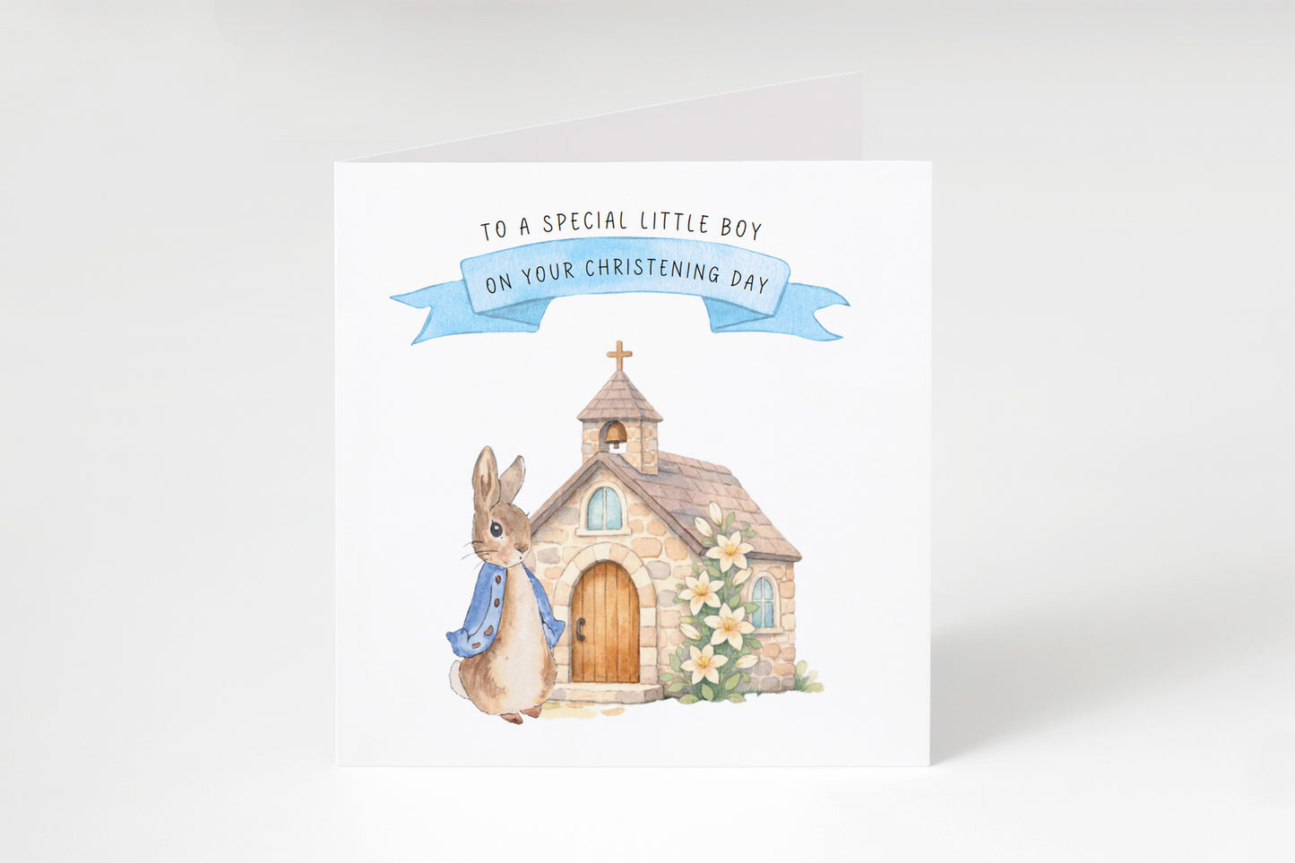 Christening Day Card for Boy – Cute Bunny & Church Design – To A Special Little Boy Baptism Christening Card for Boys, Son, Grandson, Nephew with Blue Envelope