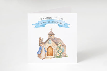 Christening Day Card for Boy – Cute Bunny & Church Design – To A Special Little Boy Baptism Christening Card for Boys, Son, Grandson, Nephew with Blue Envelope