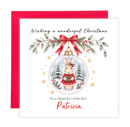 Personalised Christmas card for Girls – Red Bunny in a Christmas Bauble