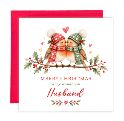 Cute Robin Couple Christmas Card for Husband – Merry Christmas My Wonderful Husband