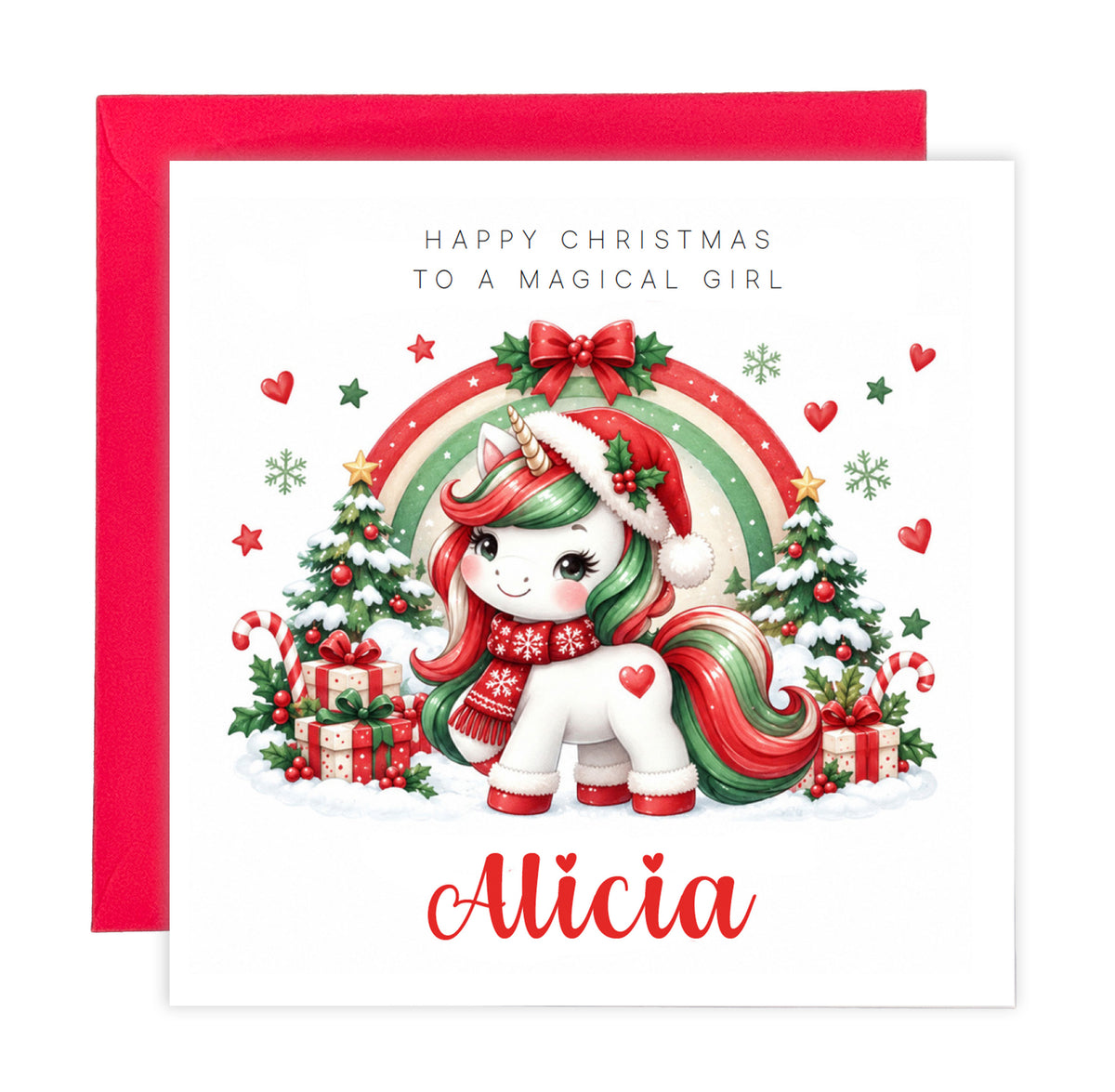Personalised Christmas Card for Girls – Cute Magical Festive Unicorn