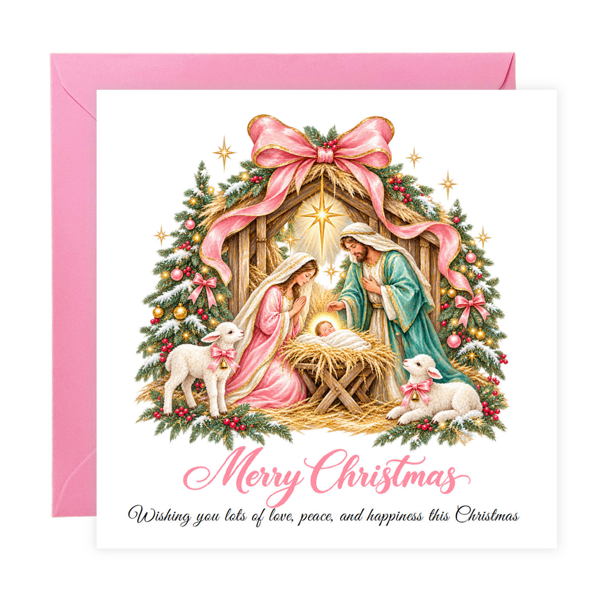 Pink Bow Nativity Christmas Card – Christian Greeting Card