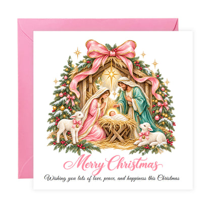 Pink Bow Nativity Christmas Card – Christian Greeting Card