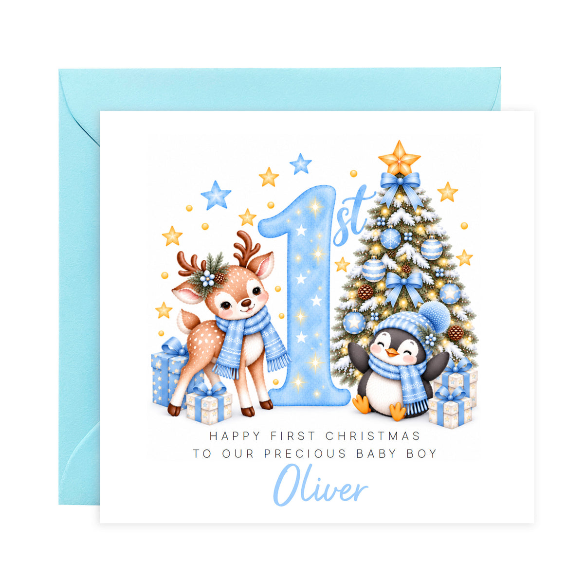 Personalised Baby Boy's 1st Christmas Card – Reindeer & Penguin