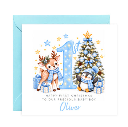 Personalised Baby Boy's 1st Christmas Card – Reindeer & Penguin