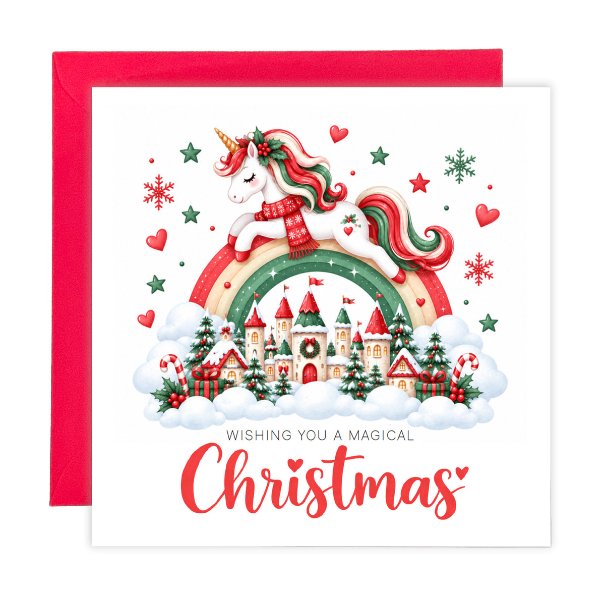Merry Christmas Card for Girls – Beautiful Magical Unicorn and Xmas Castle