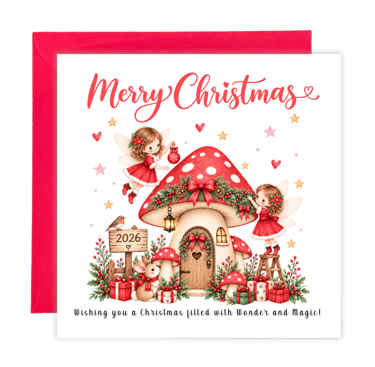 Cute Red Magical Fairy Christmas Card for Girls