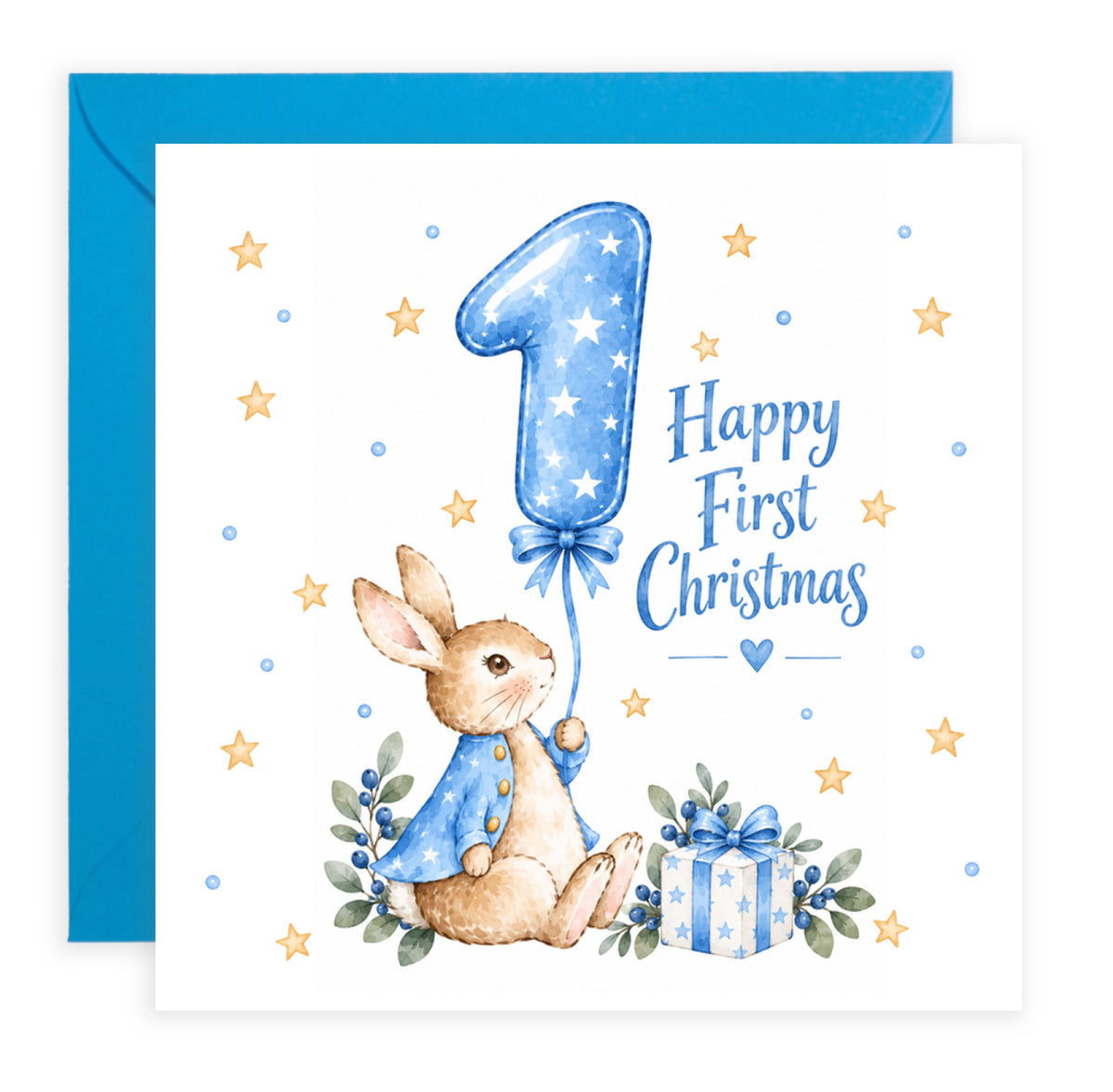 Happy Baby Boy's First Christmas Card – Blue Cute Bunny Design