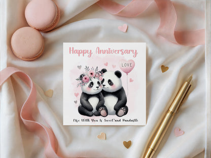 Cute Panda Couple Anniversary Card for Wedding, Dating, Relationship Milestones 1st, 2nd, 3rd, 5th, 10th, 20th 30th - For Him, Her, Wife, Husband, Couples - Pink Envelope Included