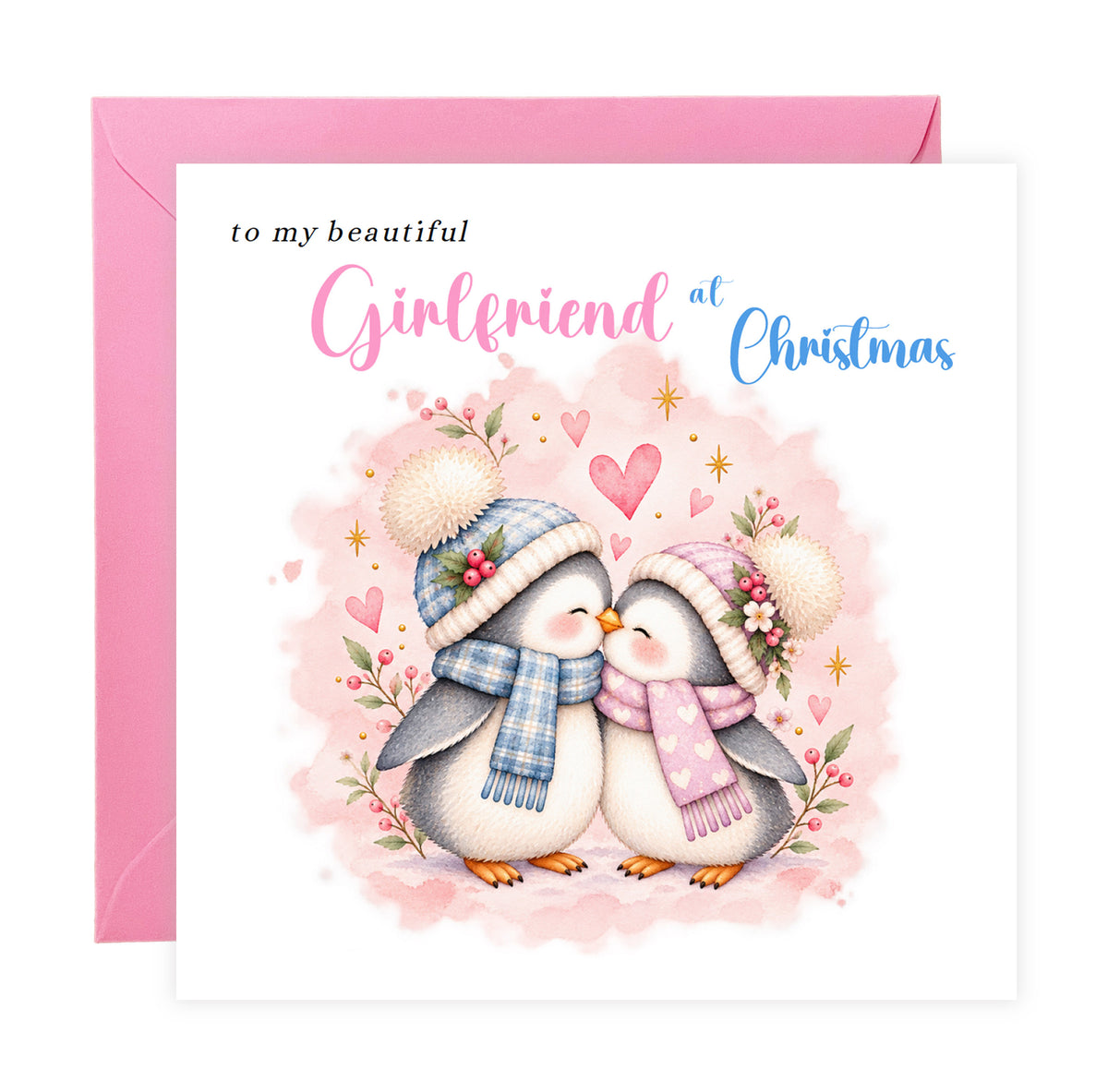 Merry Christmas Card for Girlfriend  – Cute Penguin Couple Christmas Card