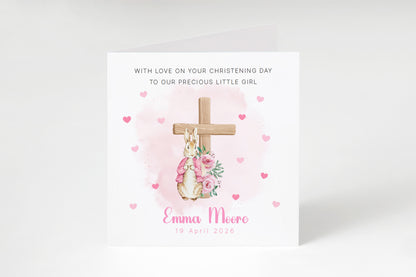 Personalised Christening Card for Girl – Custom Baptism Card with Message, Name & Date - Bunny Cross Floral Design – Baptism Card for Girls, Daughter, Granddaughter, Niece with Pink Envelope